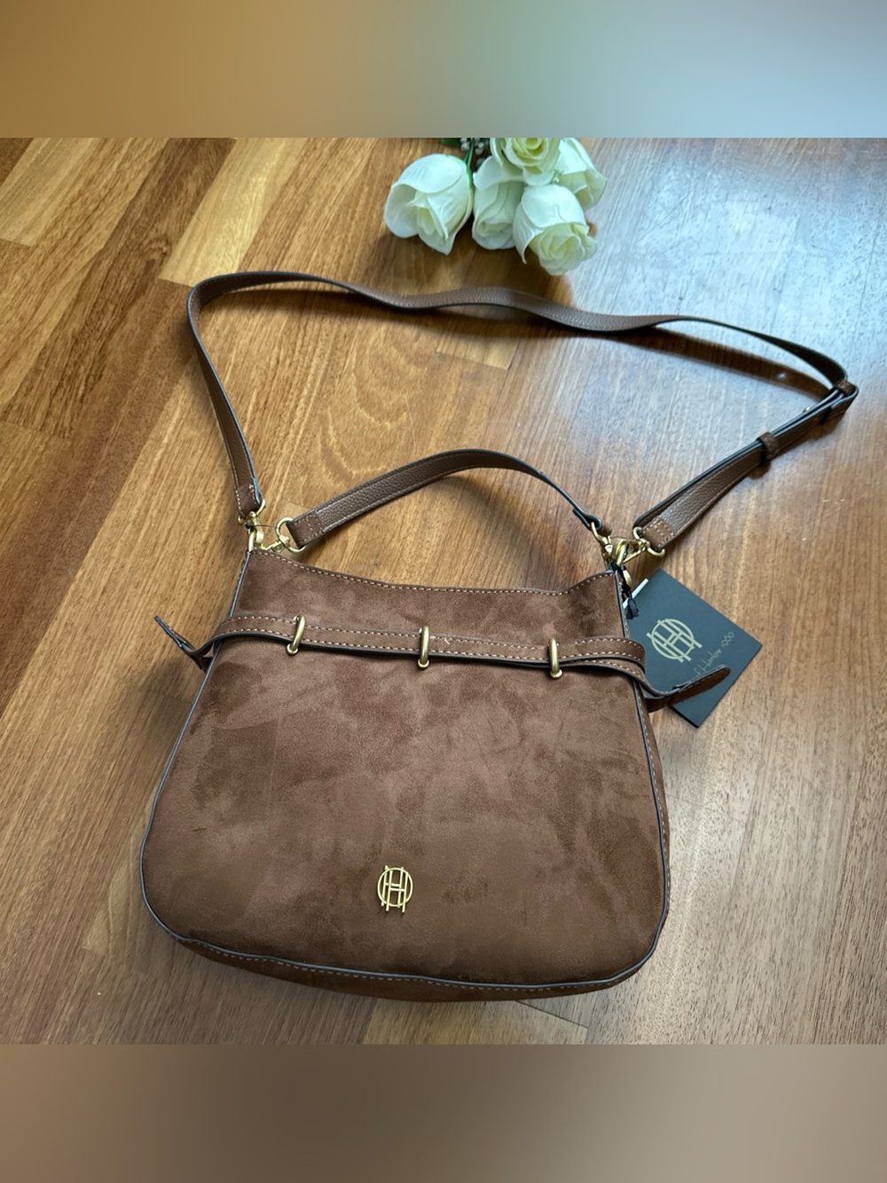 House of Harlow 1960 Suede Crossbody in Brown with Gold Hardware